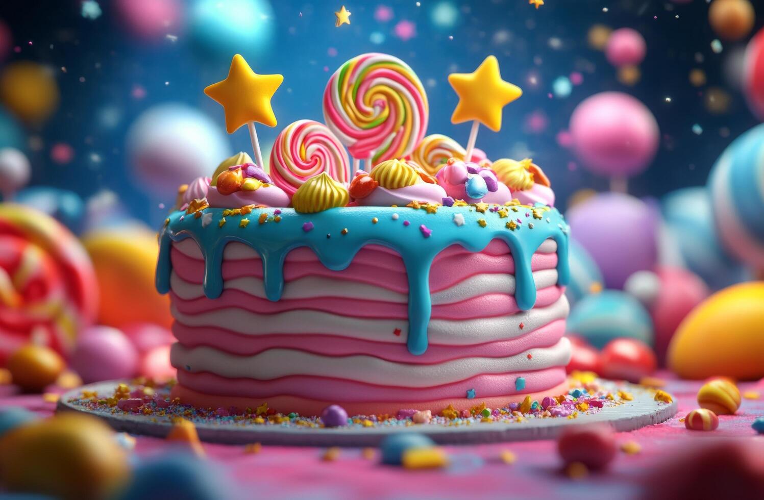 Birthday cake with candy and lollipops 3d render photo