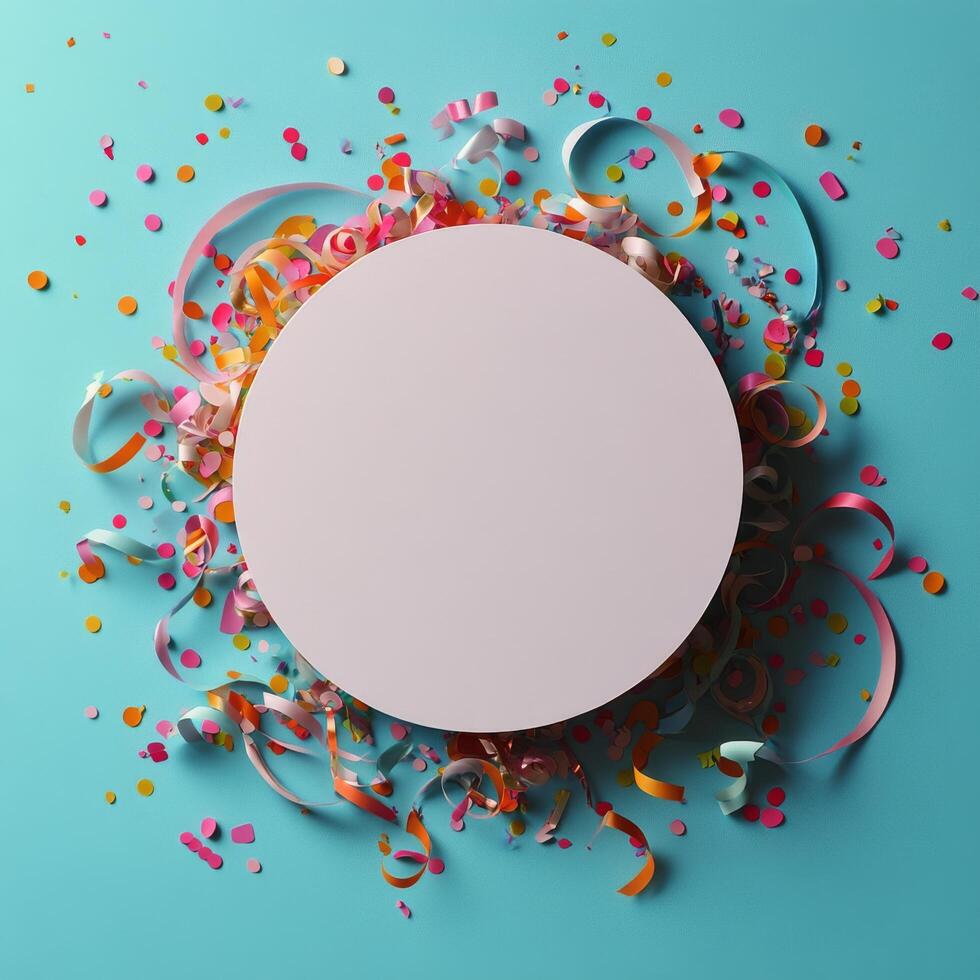Round white circle with confetti and streamers on blue background photo