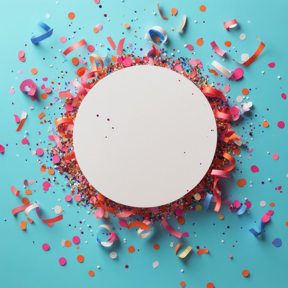 Round white circle surrounded by colorful confetti and streamers on a blue background photo
