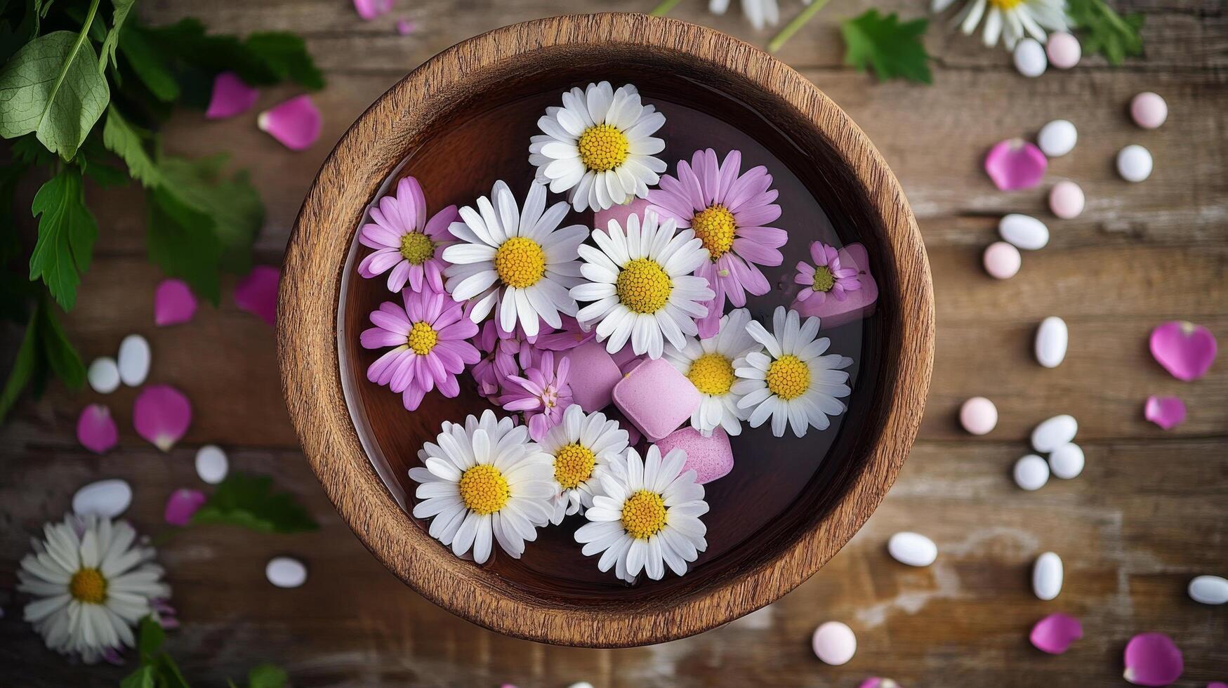 A bowl filled with flowers and pills on a wooden table photo