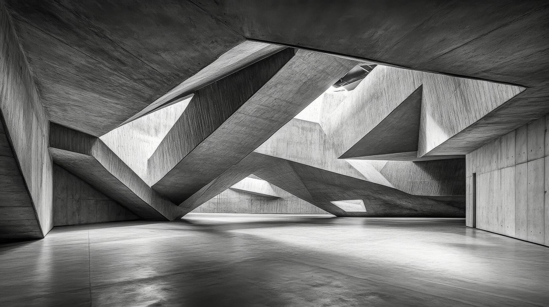 A black and white photo of a room with geometric shapes