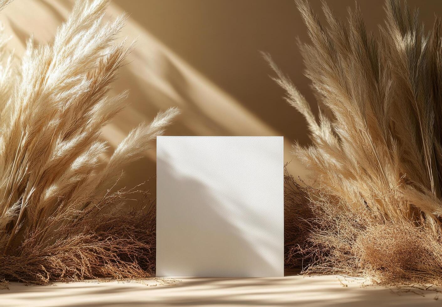Blank white card on a table surrounded by dry grass photo