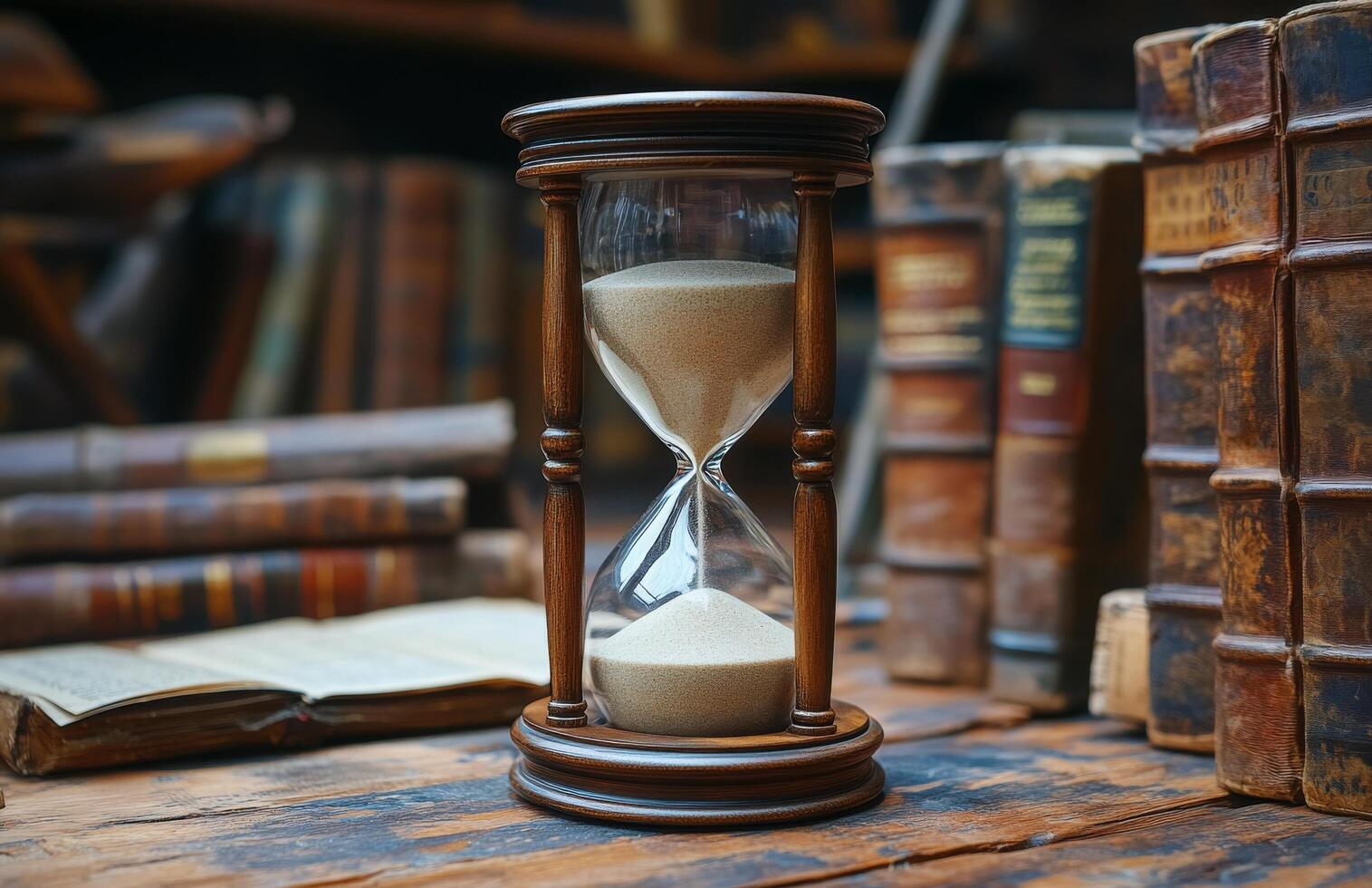 An hourglass sits on a table with books photo