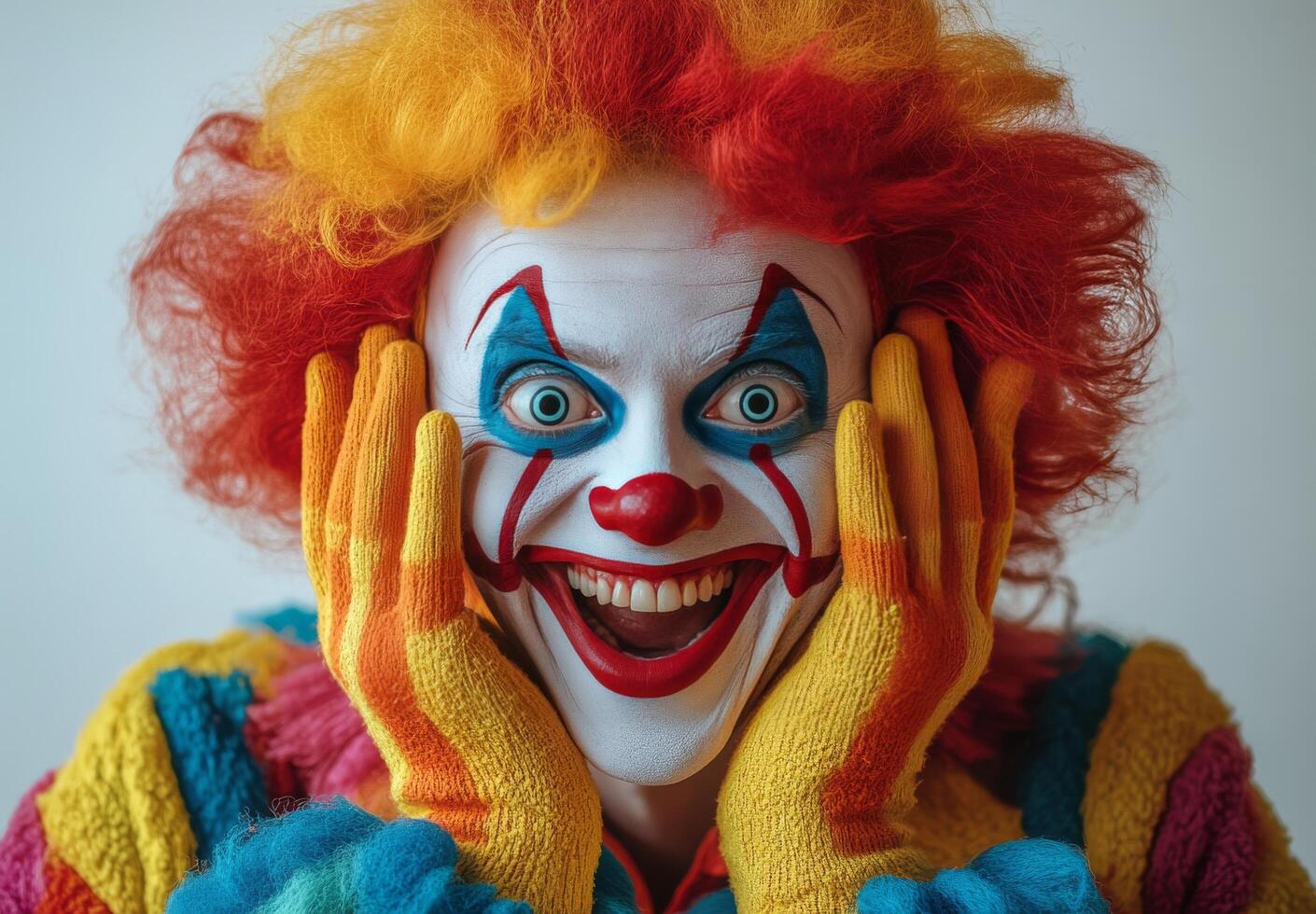 A clown with red hair and colorful clothes photo