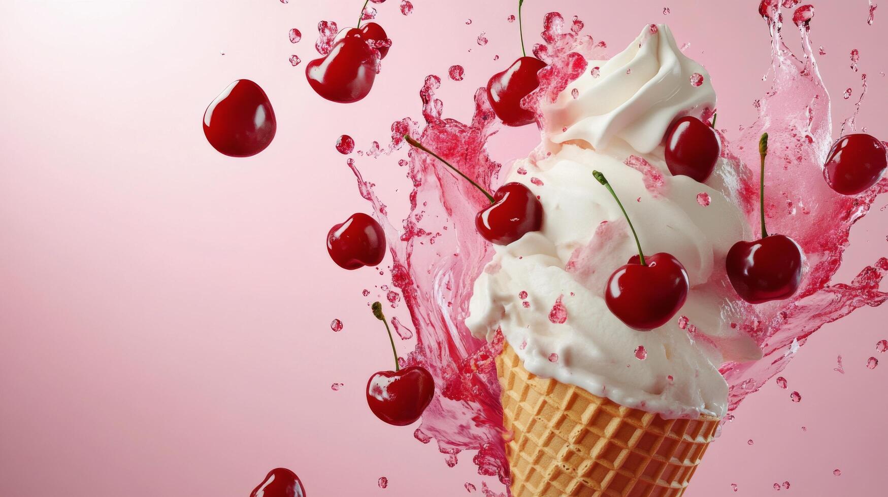 Ice cream with cherry splash on pink background photo
