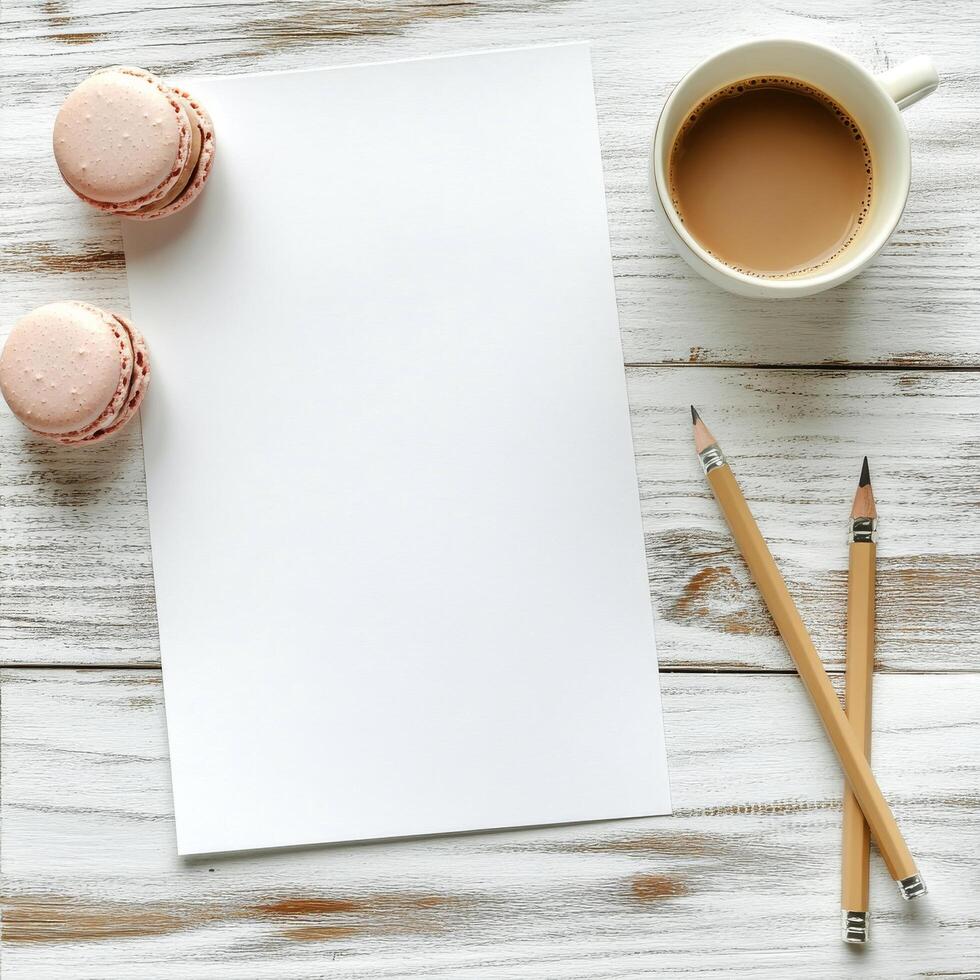 Blank paper, macarons and pencils on white wooden table top view photo