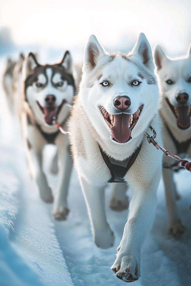 A group of dogs running in the snow photo