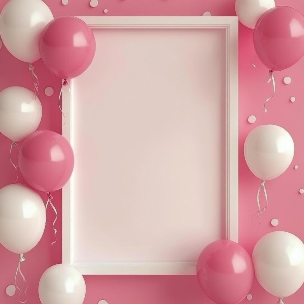 Pink background with white balloons and frame photo