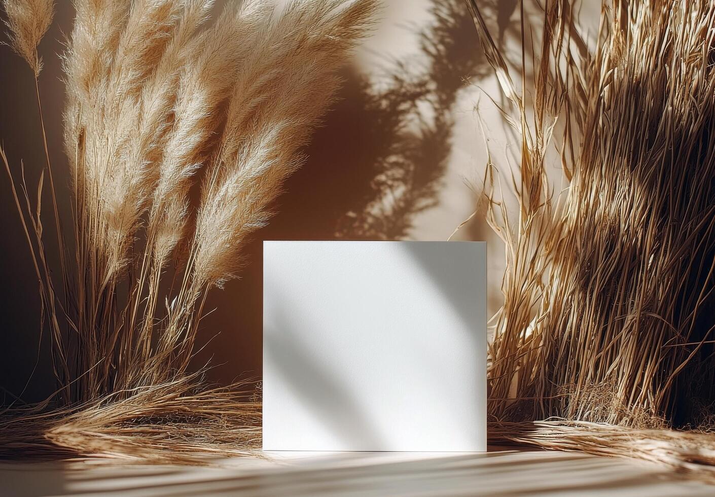 Blank white card on a table with dry grass photo