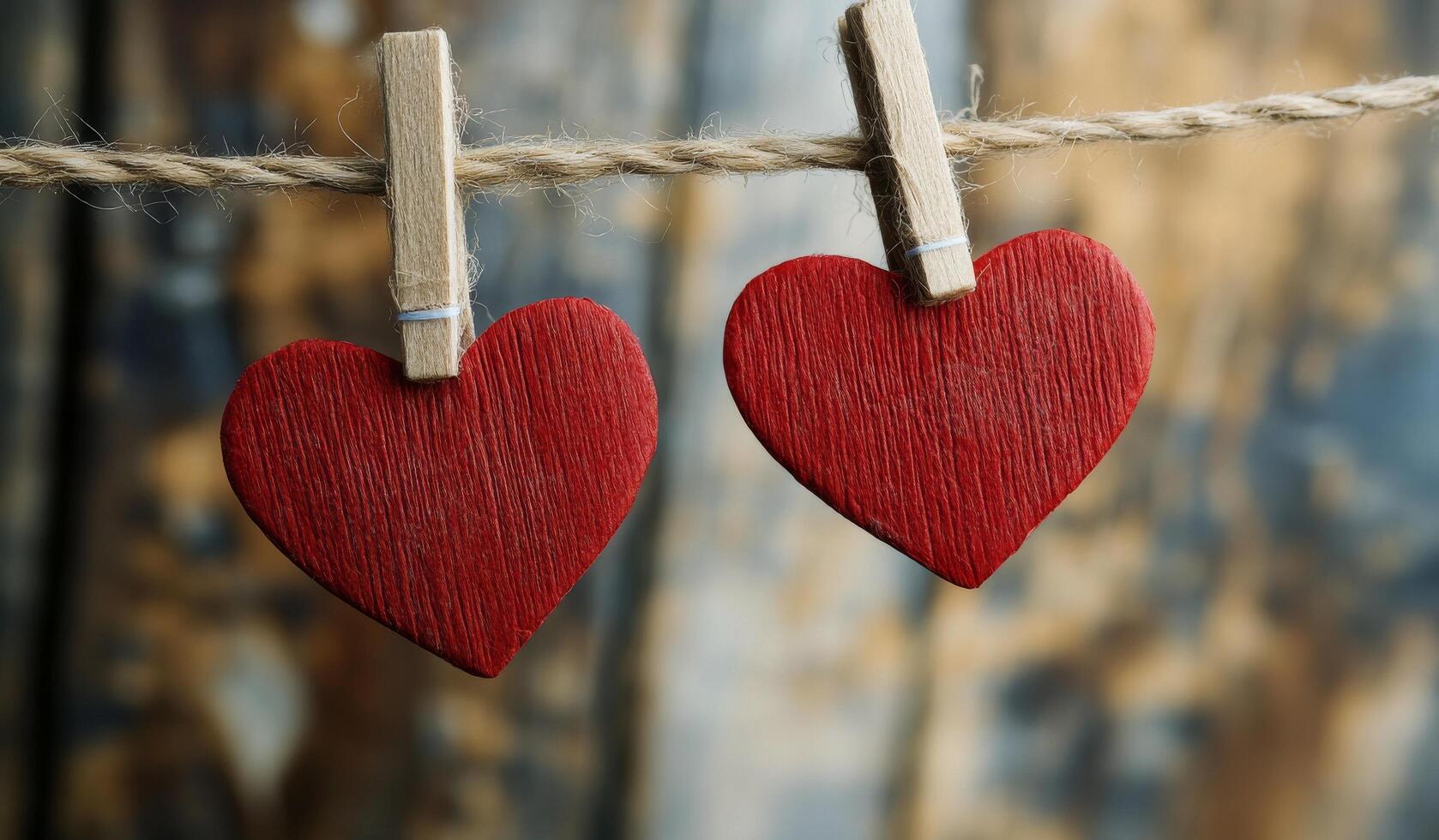 Two wooden hearts hanging on clothes pegs photo