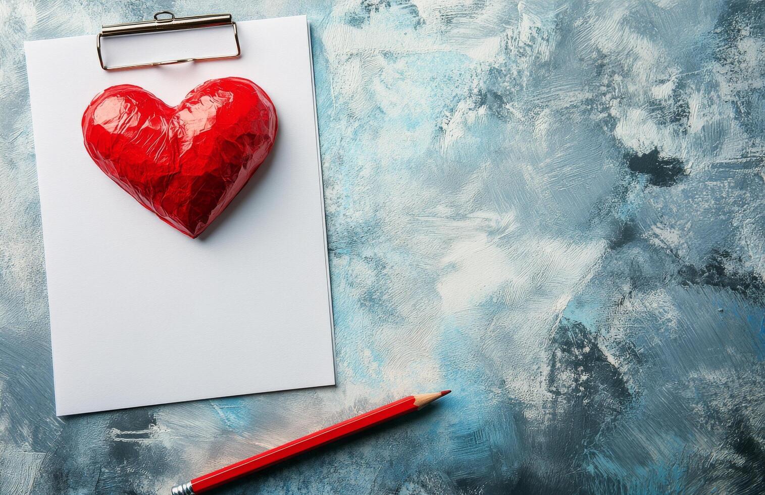 A red heart on a clipboard with a red pencil photo