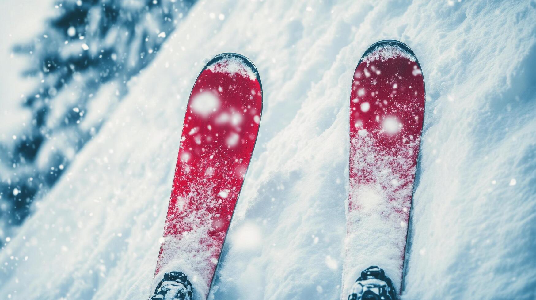 Two skis are shown in the snow photo
