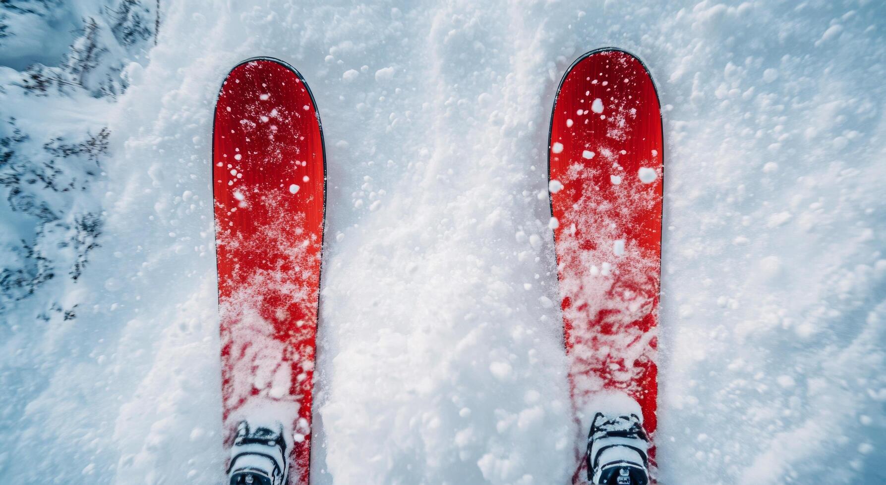 Two skis are standing on top of a snow covered hill photo