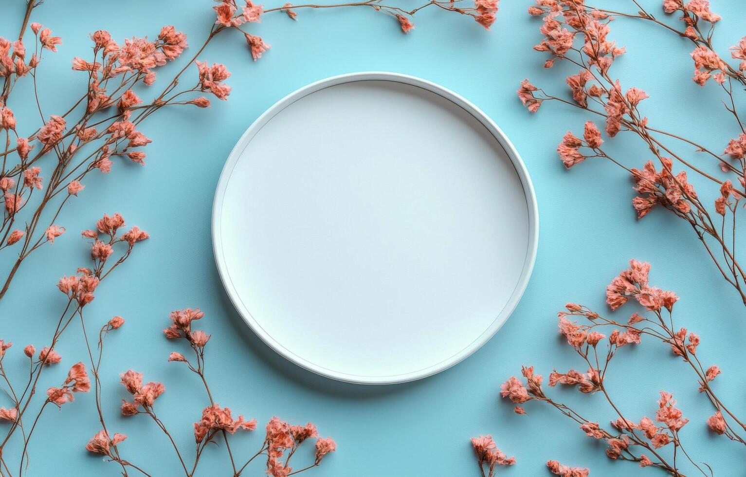 An empty plate on a blue background with pink flowers photo