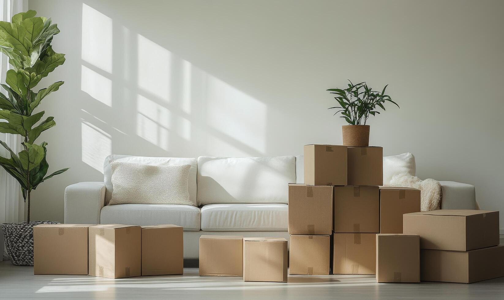Moving boxes and a white couch in a room photo
