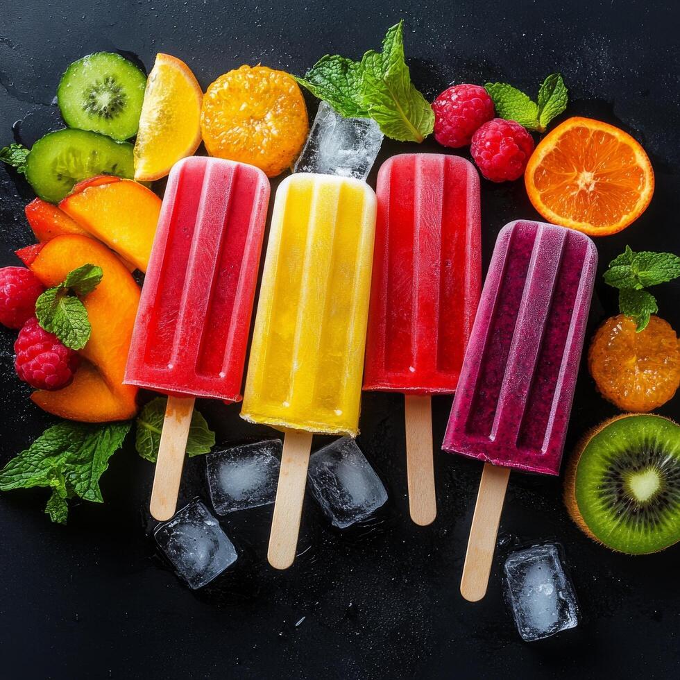Fresh fruit and ice cream popsicles on a black background photo