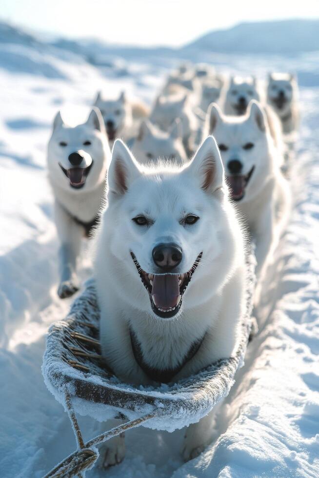 A group of white dogs are pulling a sled photo