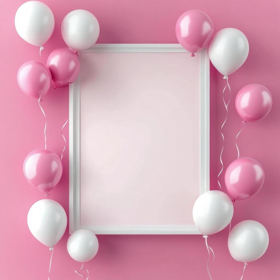 Pink background with white balloons and frame photo