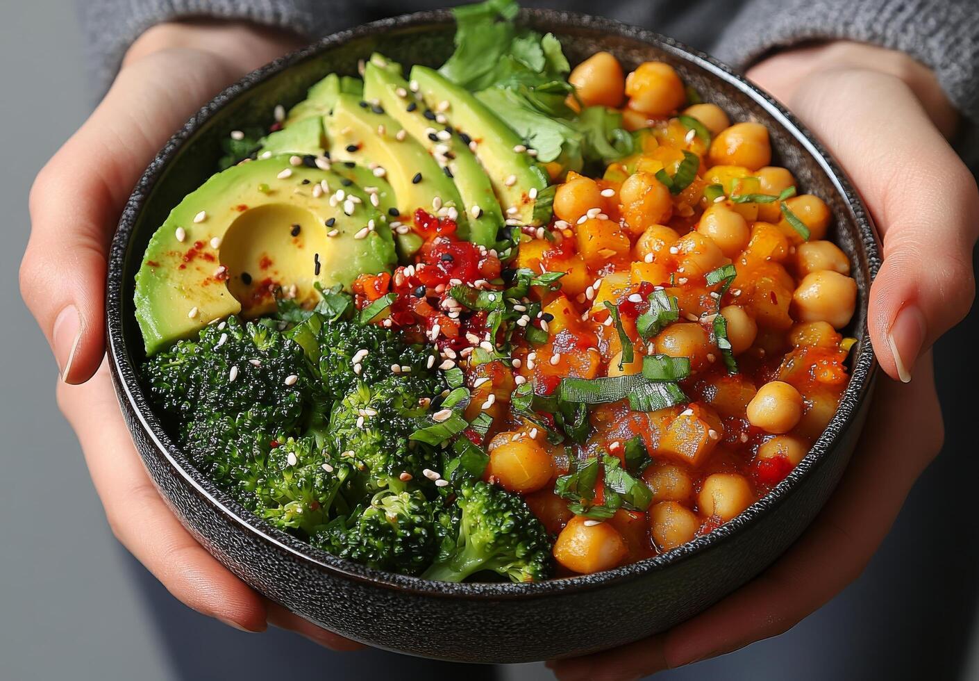 A bowl of food with broccoli, chickpeas, and avocado photo
