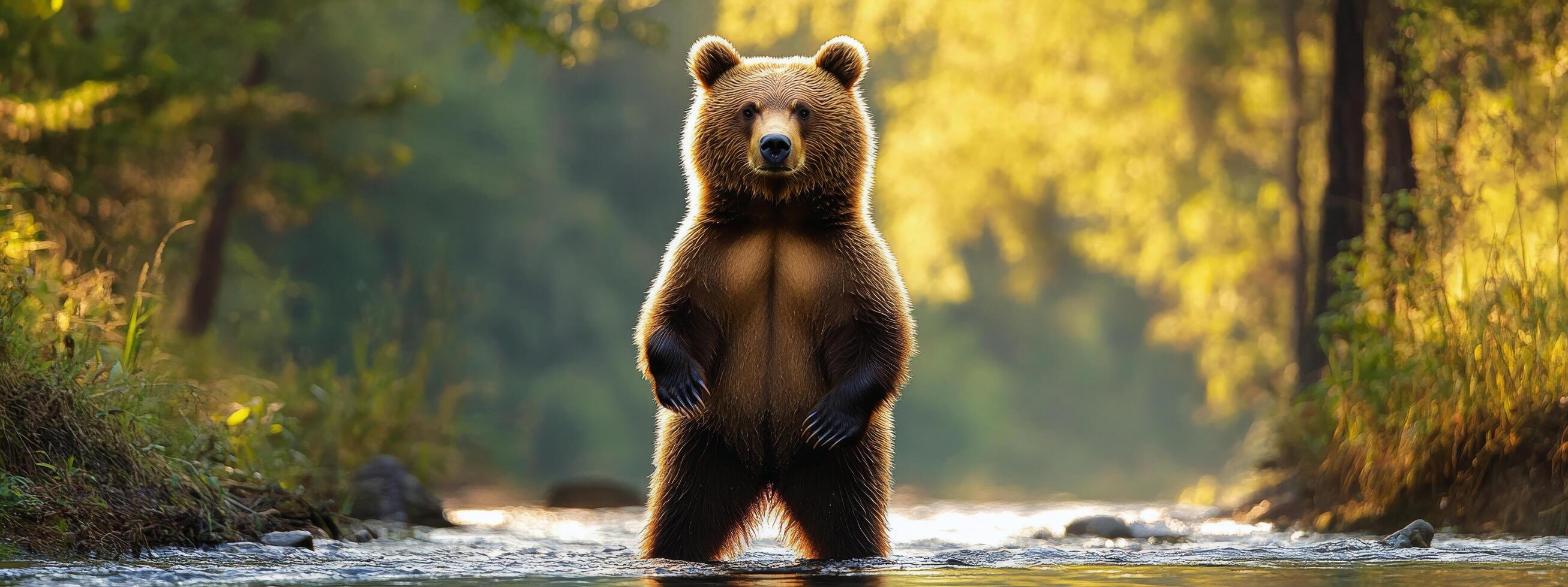 A bear standing in the water with its paws up photo