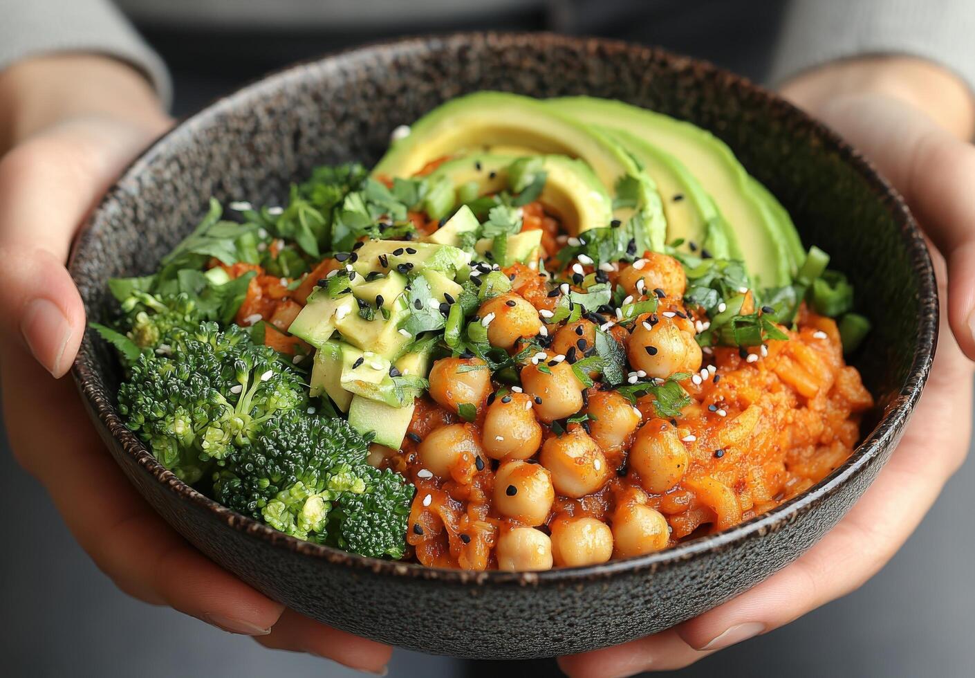 A bowl of food with broccoli, avocado, and other vegetables photo