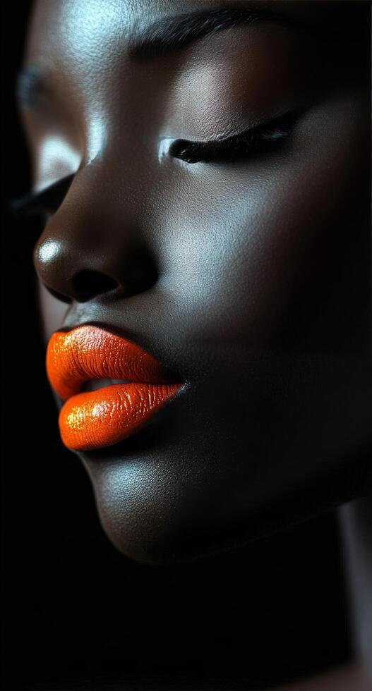 An african woman with orange lips and black skin photo