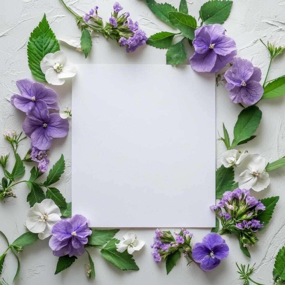 A white square frame surrounded by purple flowers and green leaves photo