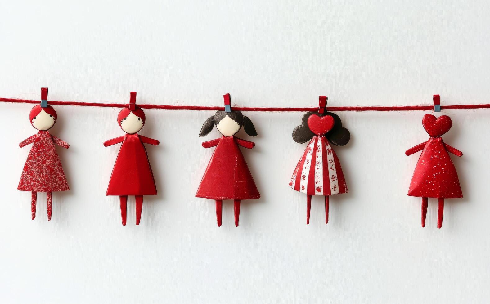 A group of red paper dolls hanging on a clothesline photo