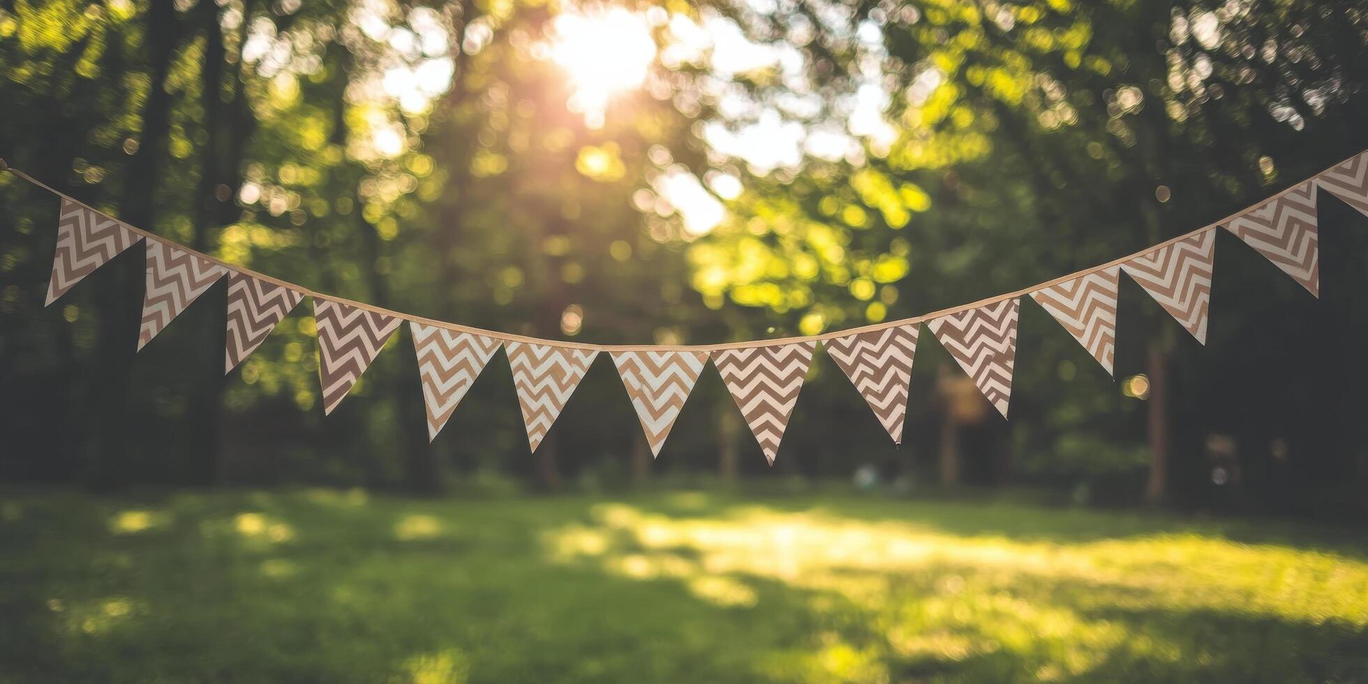 A bunting with a chevron pattern hanging from a tree photo