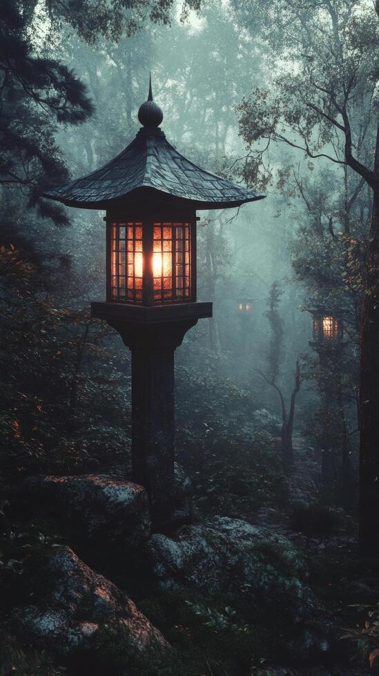 A lantern in the woods with fog and trees photo