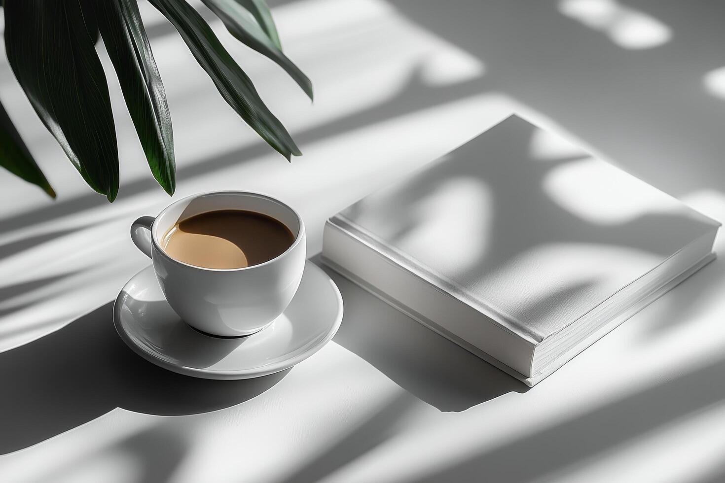 A cup of coffee and a book on a table photo