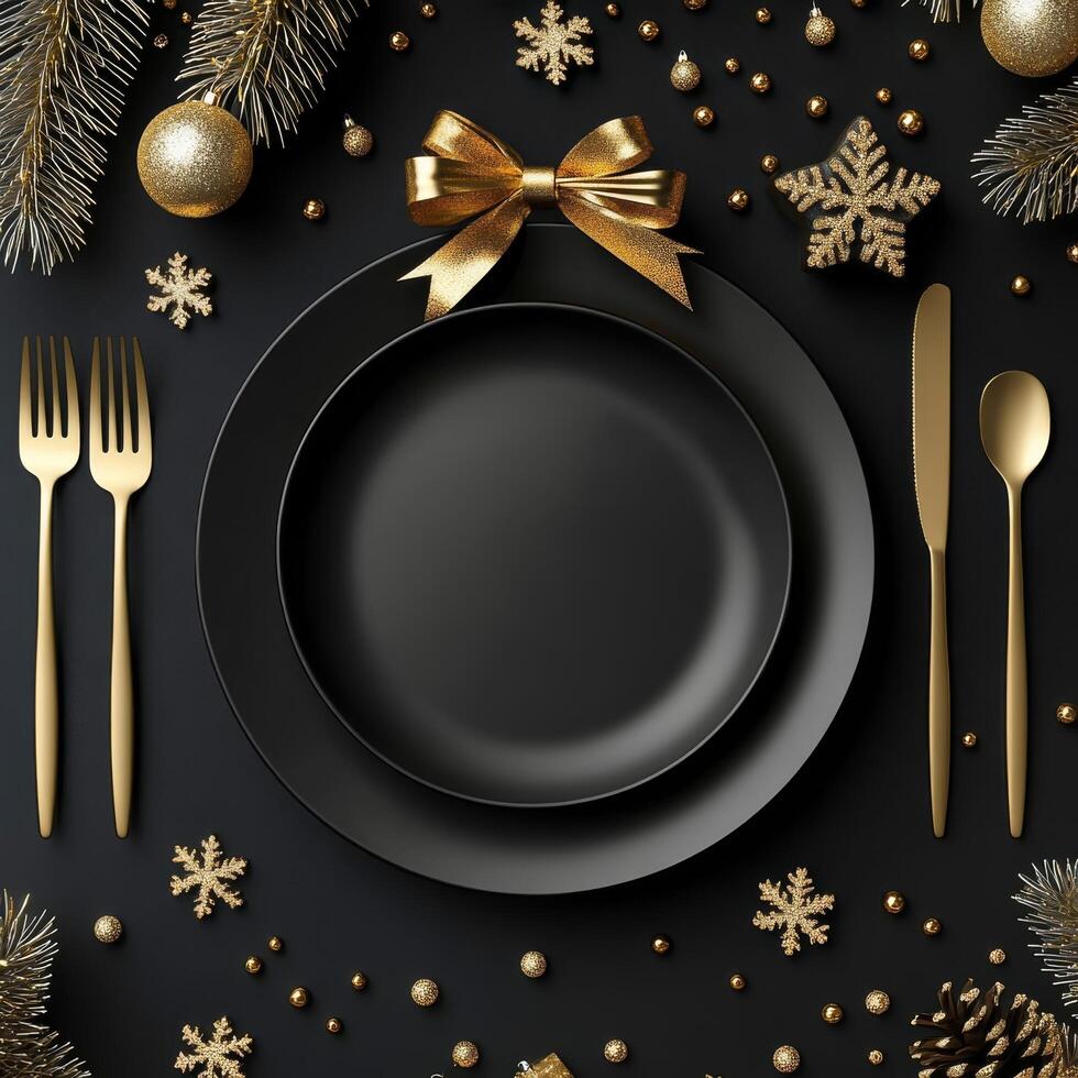Christmas dinner table with gold and black plate, fork, knife and spoon photo