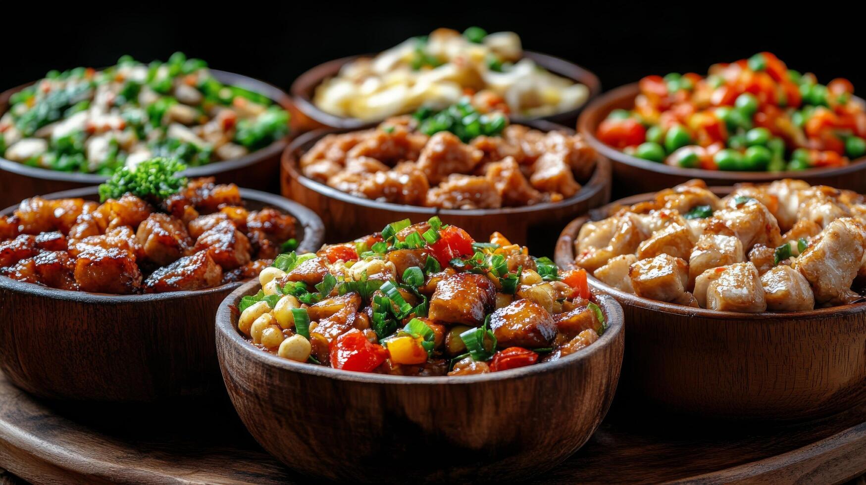 A variety of bowls filled with different types of food photo