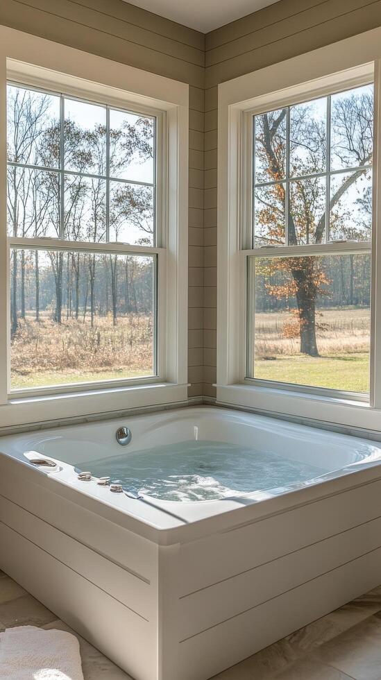 A large tub sitting in front of a window photo