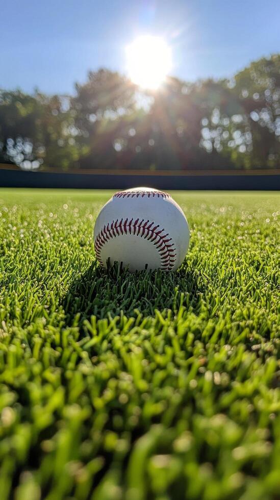 A baseball sits on the grass in front of the sun photo
