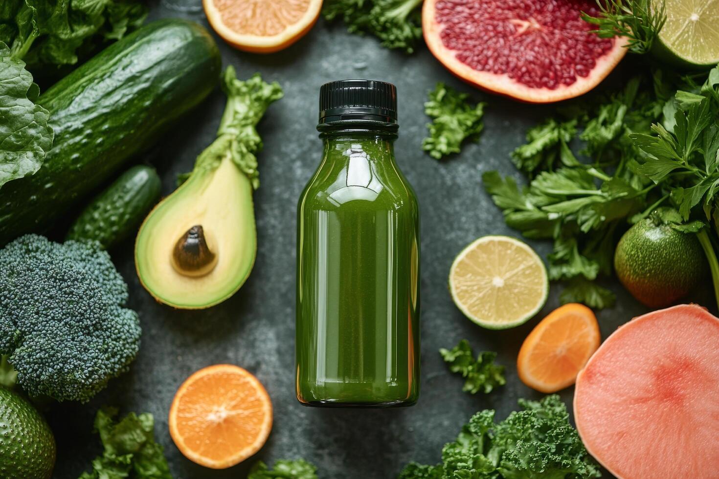 A bottle of green juice surrounded by fruits and vegetables photo