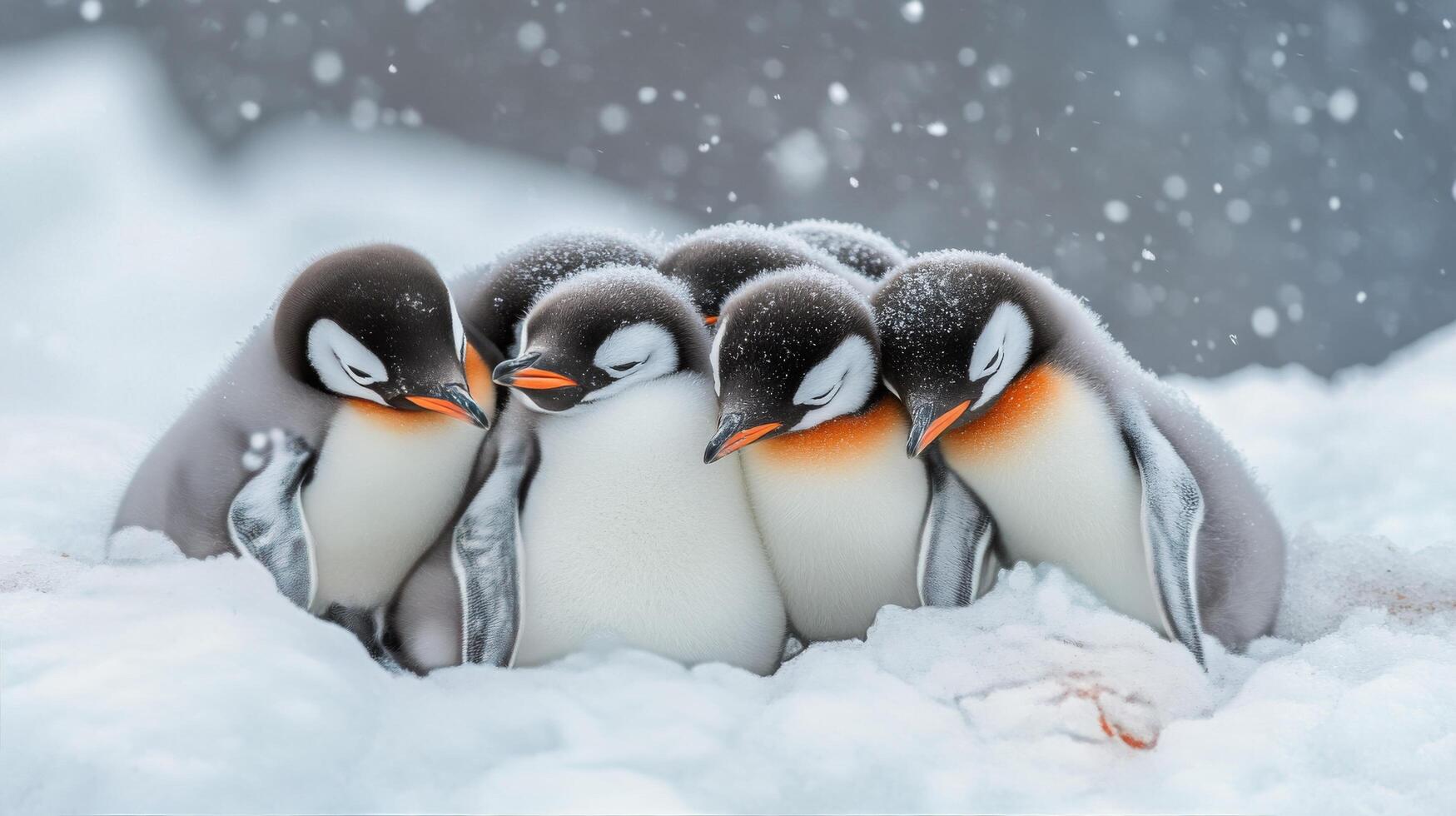 A group of penguins are huddled together in the snow photo