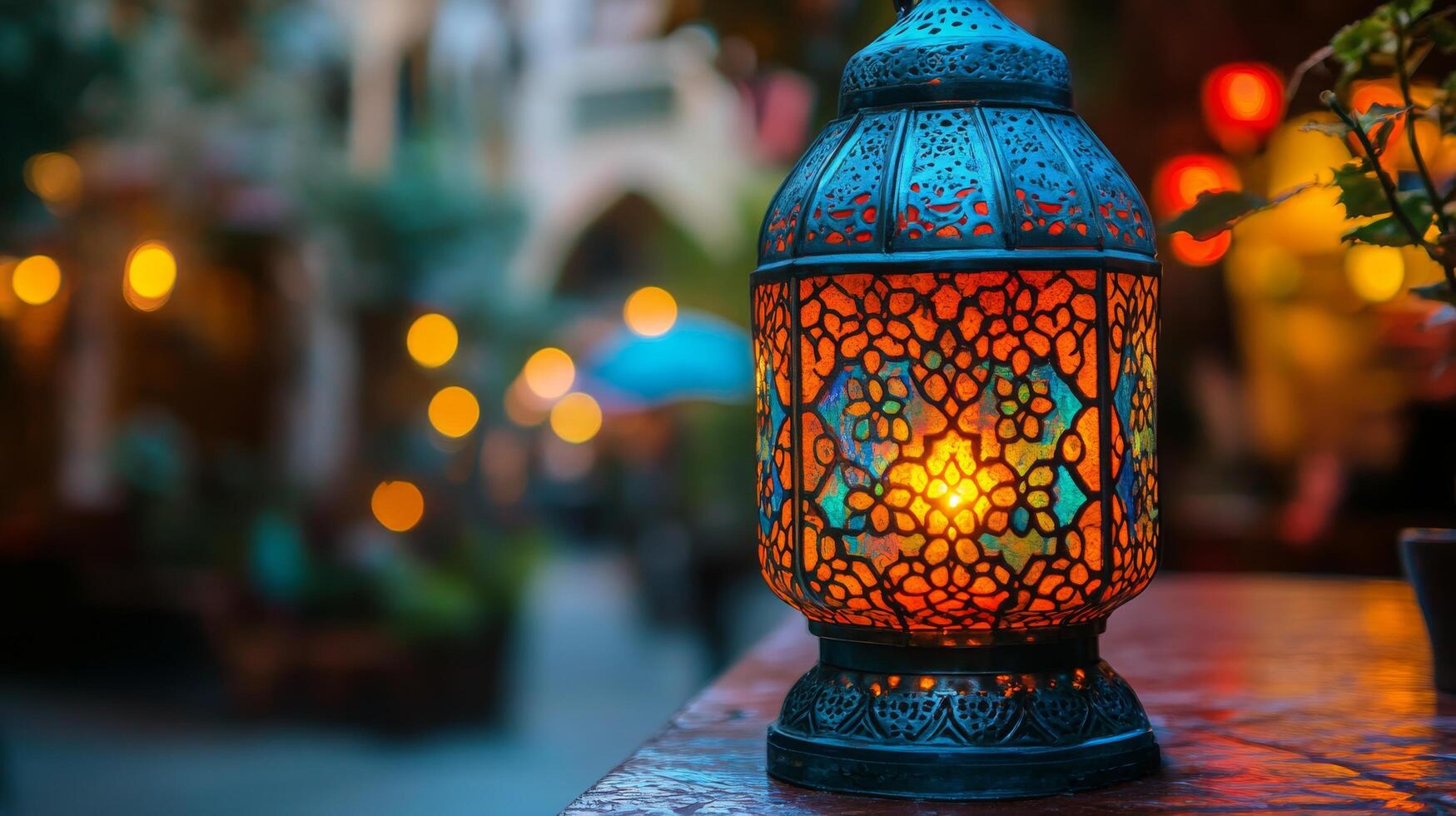 A colorful lantern is on a table in a restaurant photo