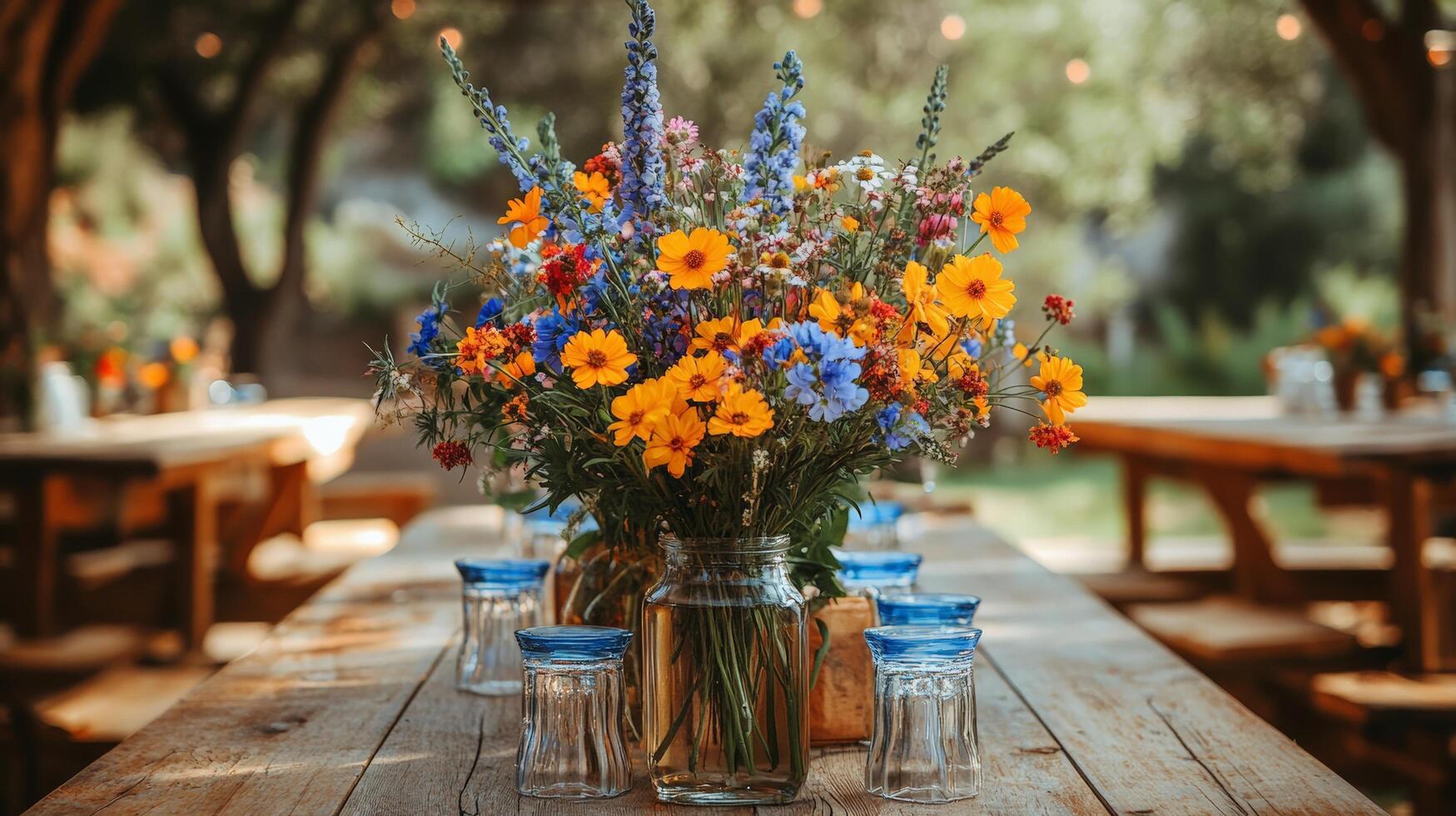 A table with a vase of flowers and glasses photo