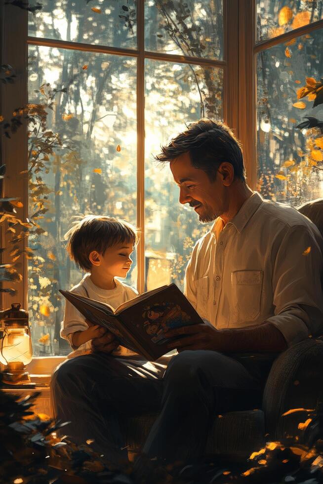 A man and a child sitting in a window seat reading a book photo