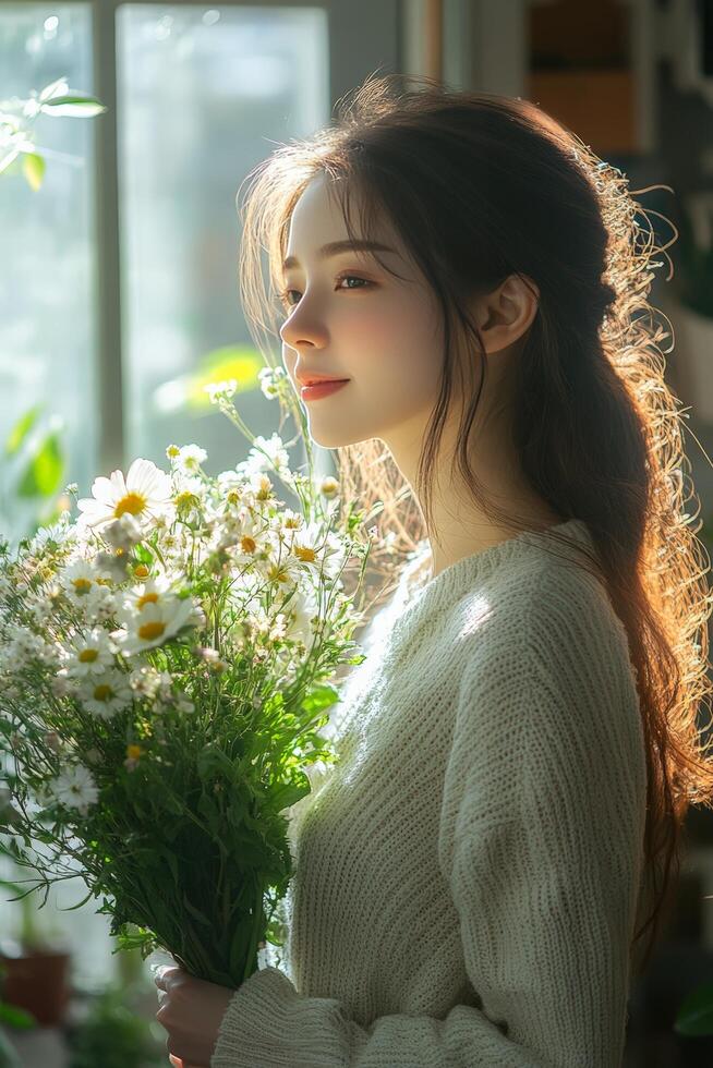 A woman holding a bunch of flowers photo