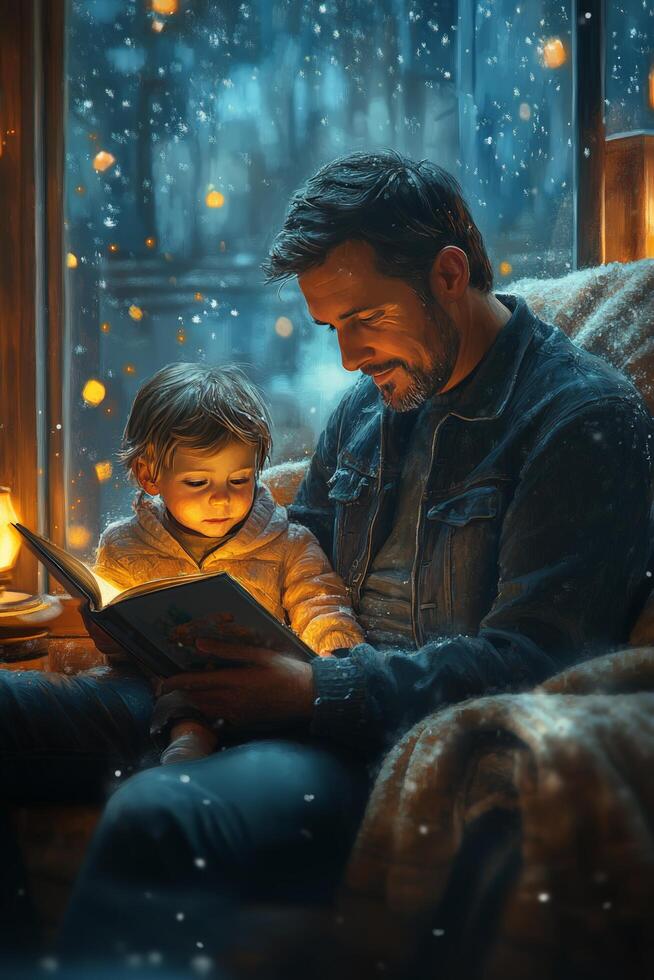 A man and child reading a book in the snow photo