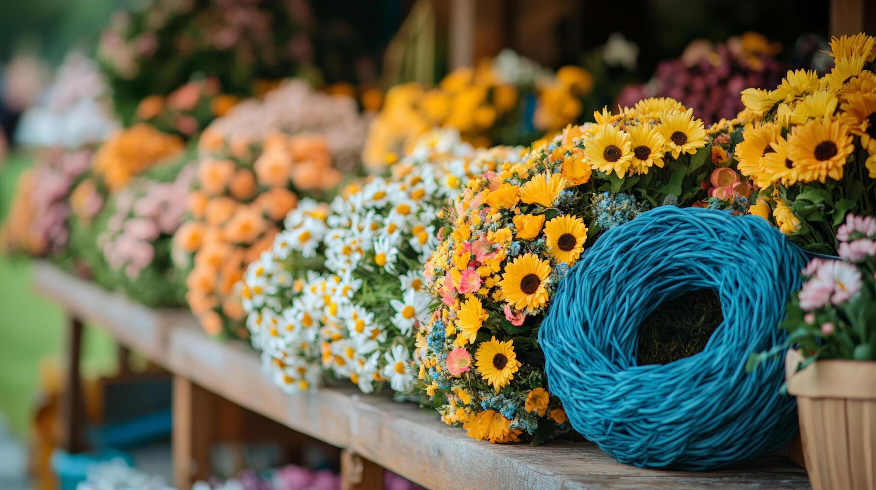 A variety of flowers are displayed on a table photo