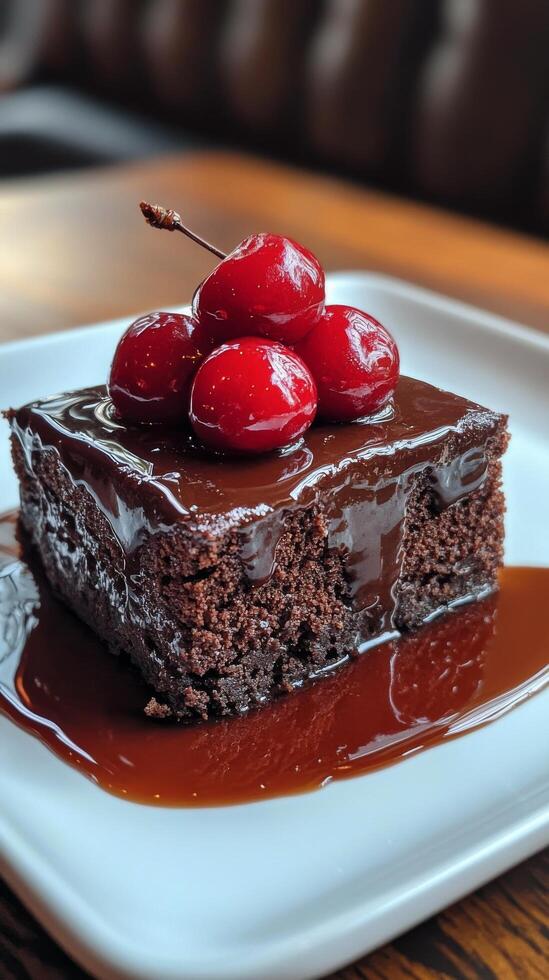 A piece of chocolate cake with cherries on top photo