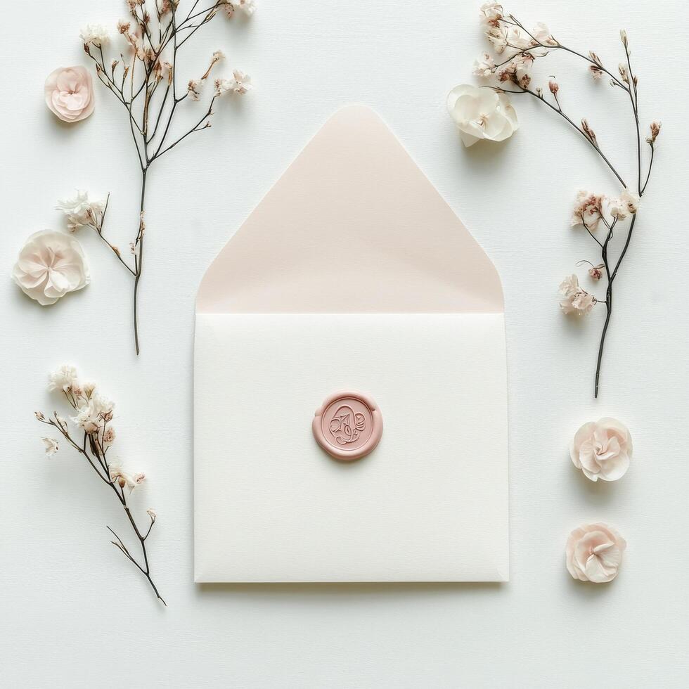 An envelope with a wax seal and flowers photo