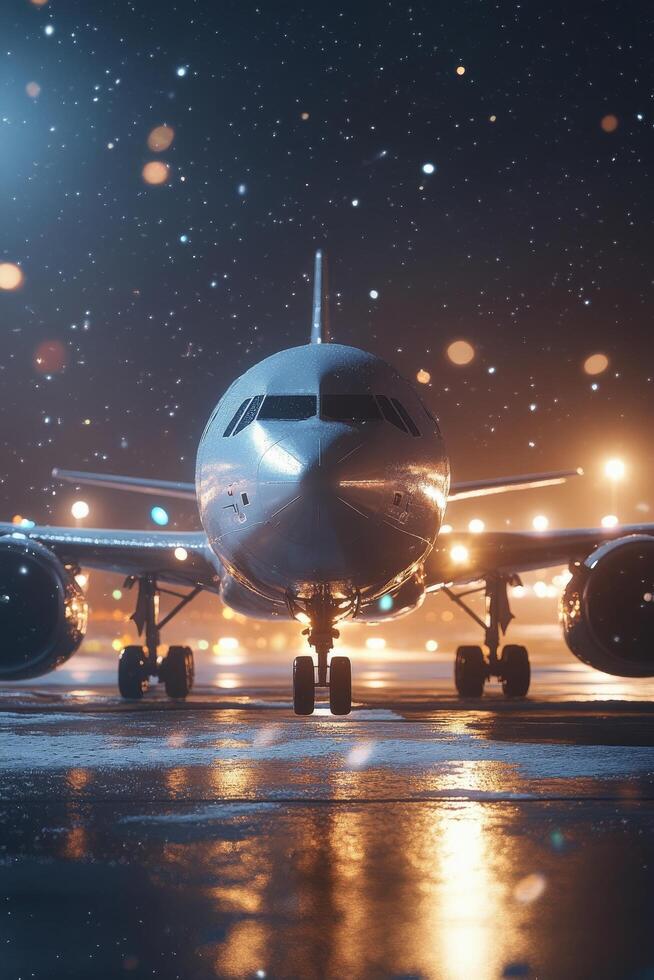 A large passenger jet sitting on the runway at night photo