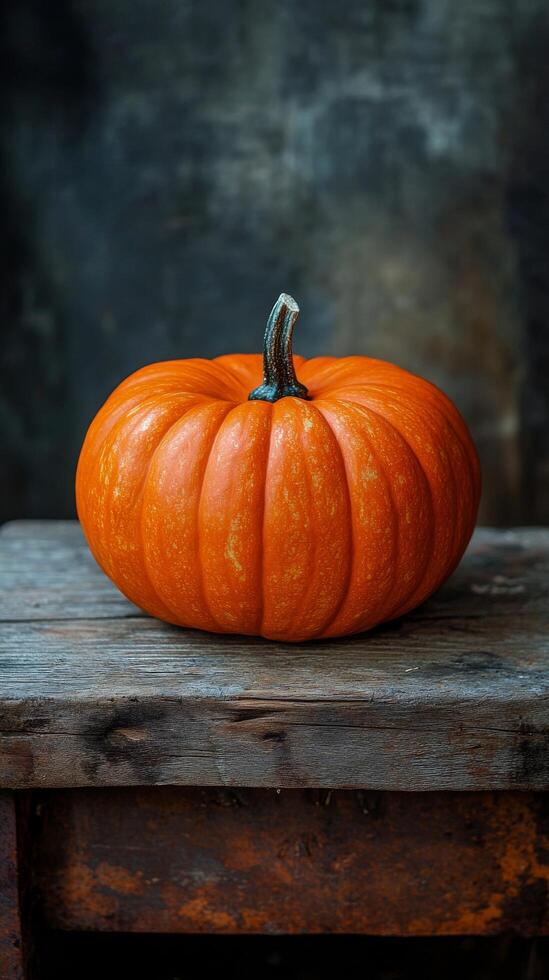A pumpkin sitting on top of a wooden table photo