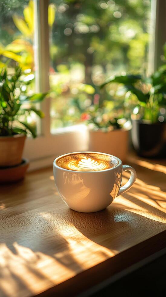 A cup of coffee sits on a table near a window photo