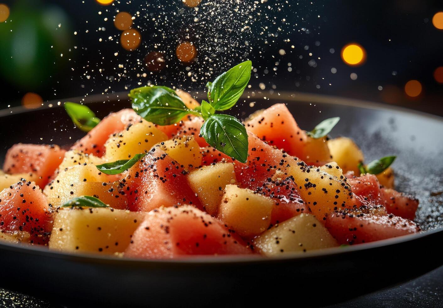Watermelon salad with sesame seeds and basil photo