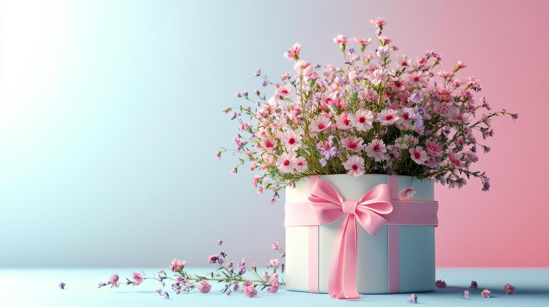 A bouquet of pink flowers in a white box with a ribbon photo